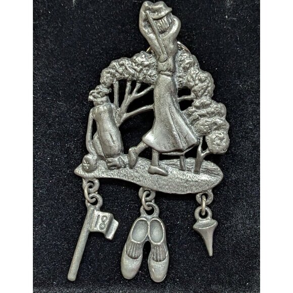 Vintage Sporty Lady Golfing Pewter Brooch Signed LCD - Picture 3 of 4